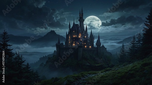Dark, Enchanted Castle Standing at the Edge of a Jagged Cliff with a Pale Moonlight Background