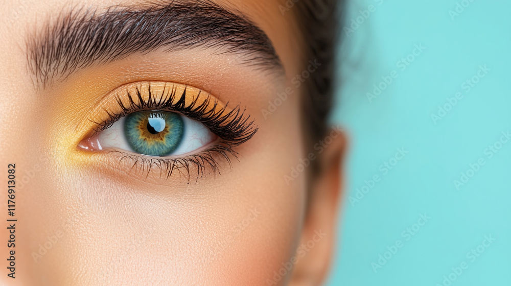 Close up of model eye showcasing vibrant yellow eyeshadow and striking blue iris Close up of model eye showcasing vibrant yellow eyeshadow and striking blue iris
