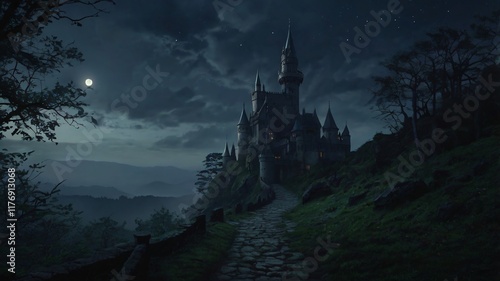 Dark, Enchanted Castle Standing at the Edge of a Jagged Cliff with a Pale Moonlight Background