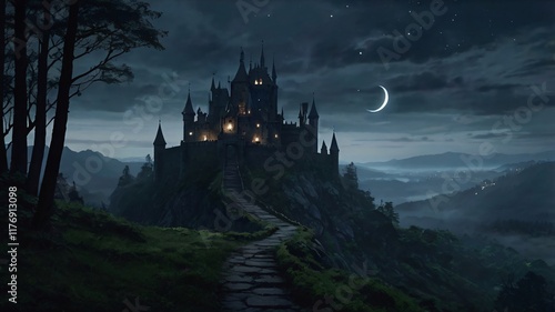 Dark, Enchanted Castle Standing at the Edge of a Jagged Cliff with a Pale Crescent Moon in the Background