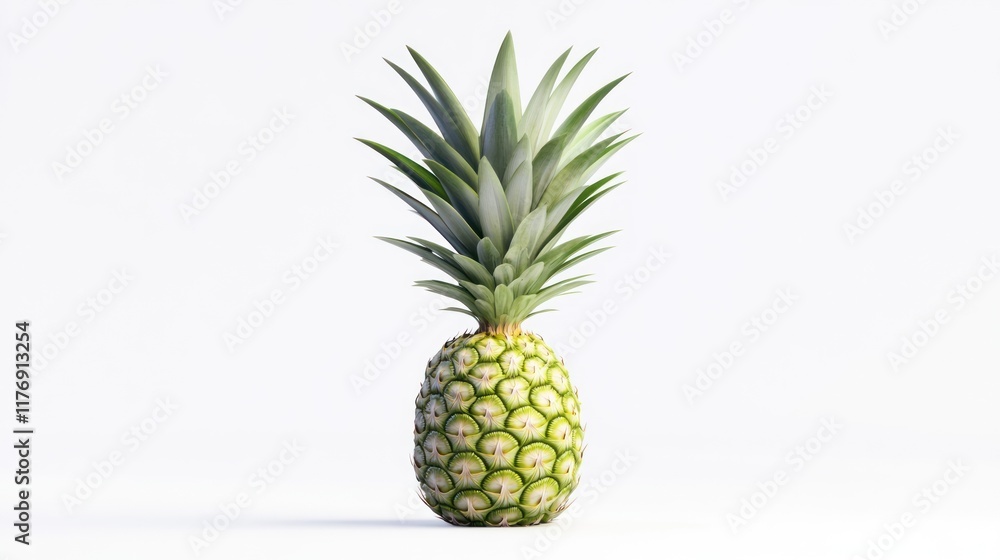 A fresh pineapple with green leaves against a white background. A fresh pineapple with green leaves against a white background.