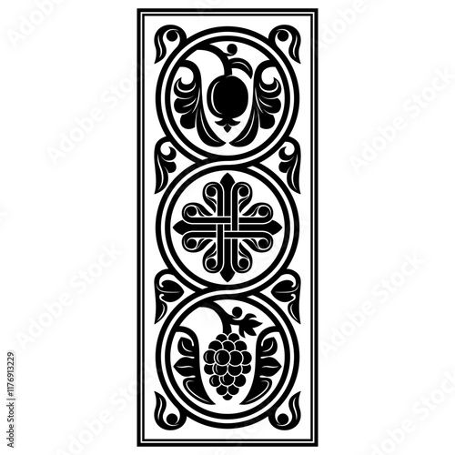 Decorative black pattern with symbolic plants and cross. Overlapping circles. Stencil for wood carving.