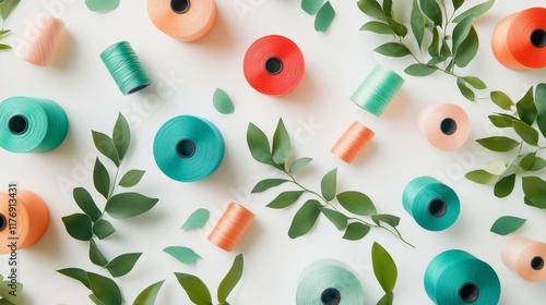 Modern crafting flatlay featuring turquoise, peach, kelly green, scarlet thread spools, spontaneous arrangement, white seamless background, professional macro photography, artistic depth photo