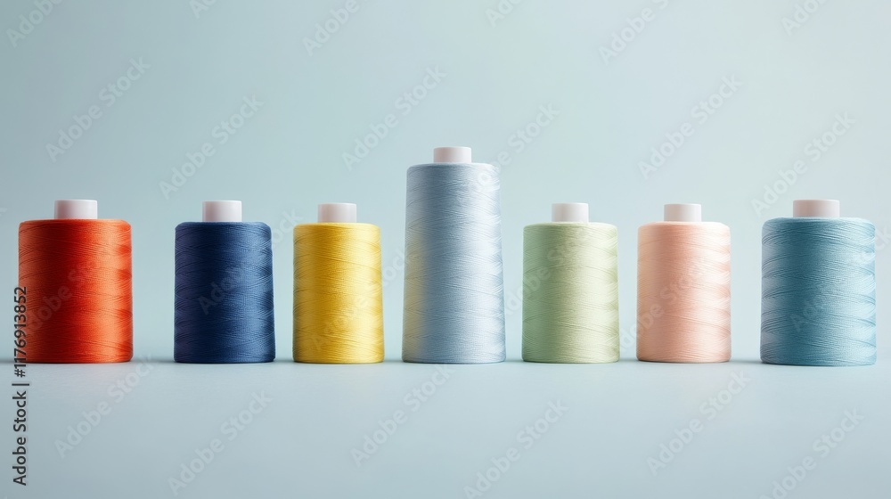 organized array of thread spools, symmetrical composition, sewing equipment still life, detailed fiber texture, soft focused background, harmonious color spectrum, crafting essentials, premium