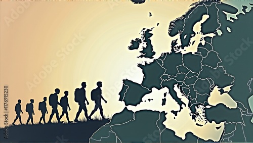 Diverse people traverse a world map, depicting global migration due to economic, crisis, war, and environmental factors photo