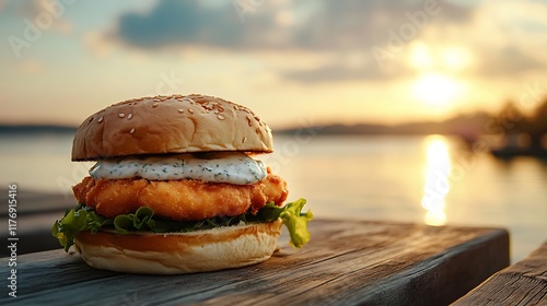 A fish sandwich with tartar sauce on a wooden pier