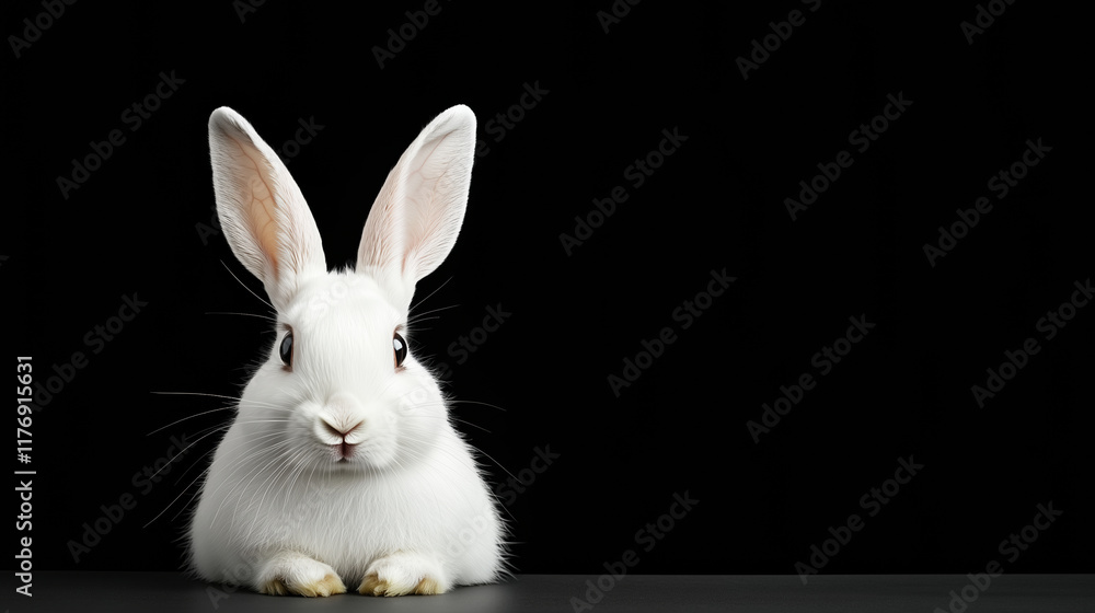 Obraz premium fluffy white rabbit with long ears sits against black background
