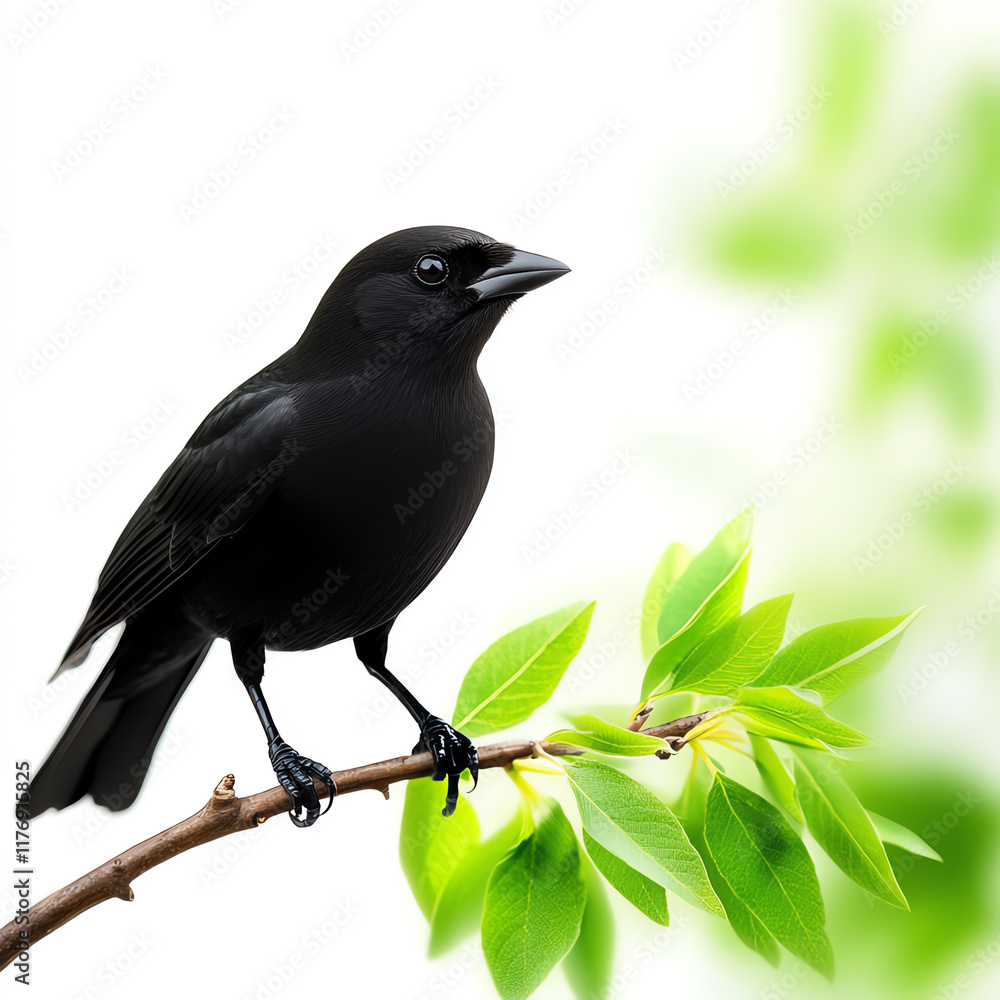 Fototapeta premium A striking black bird perched on a branch, surrounded by vibrant green leaves, showcasing nature's beauty and tranquility.