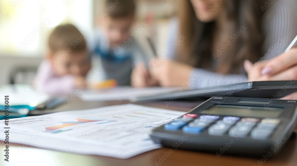 A mother and father discussing their financial goals with a calculator and budget planner while their children play in the background A mother and father discussing their financial goals with a calculator and budget planner while their children play in the background