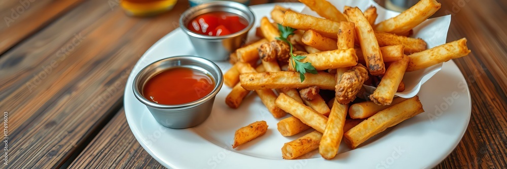 French fries arranged neatly on a rustic wooden table, topped with a generous drizzle of vibrant ketchup sauce, crispy, side dish, American cuisine French fries arranged neatly on a rustic wooden table, topped with a generous drizzle of vibrant ketchup sauce, crispy, side dish, American cuisine