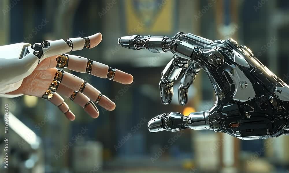 A robotic hand reaching towards a human hand, symbolizing the connection between technology and humanity. A robotic hand reaching towards a human hand, symbolizing the connection between technology and humanity.