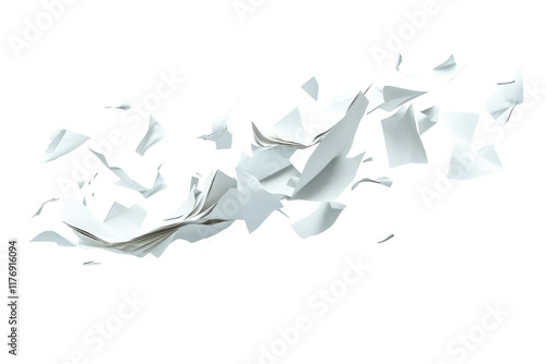 Flying sheets of paper create a dynamic composition in a minimalist setting with a white background