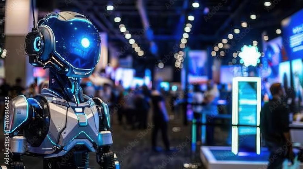 A futuristic robot stands in an exhibition hall filled with people and digital displays. A futuristic robot stands in an exhibition hall filled with people and digital displays.