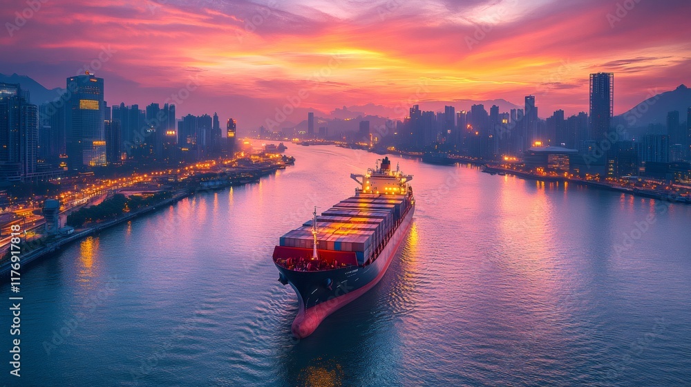 Fototapeta premium Container ship sailing on river between illuminated city buildings at sunset