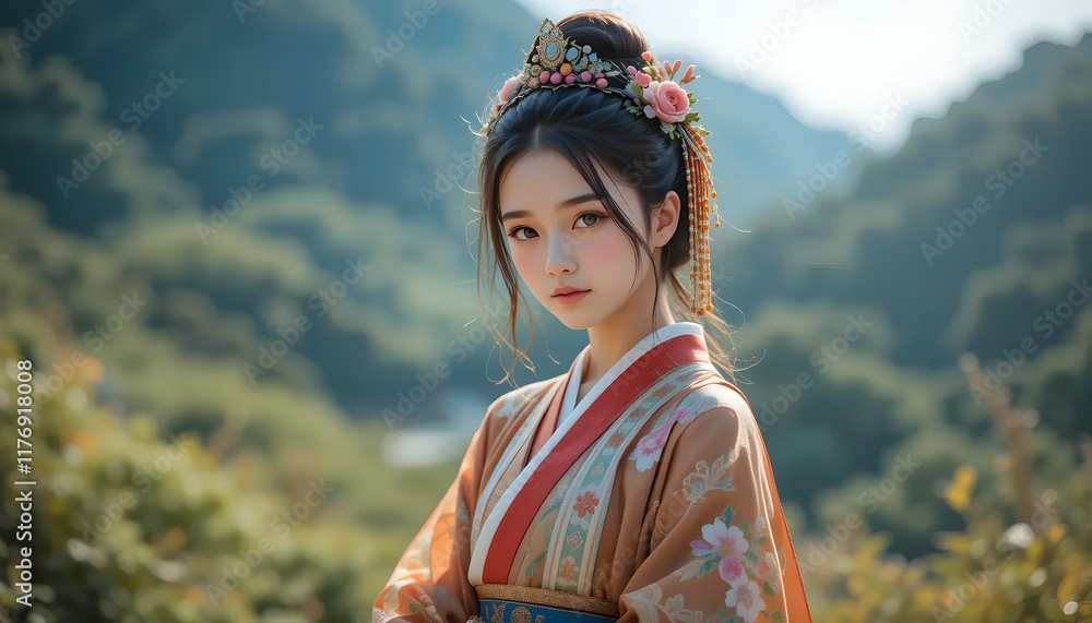 Young Asian woman in traditional clothing with floral headdress stands against a blurred mountain landscape portrait Young Asian woman in traditional clothing with floral headdress stands against a blurred mountain landscape portrait