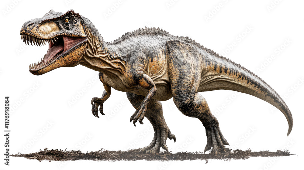 Fototapeta premium Carnotaurus: A fierce Carnotaurus dinosaur, a prehistoric predator with sharp teeth and powerful legs, stands on a dirt ground. Its menacing roar echoes through the ages. 