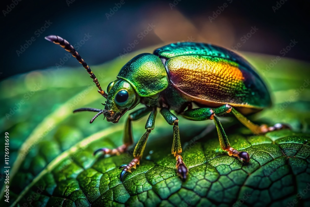 Fototapeta premium Low Light Macro Photography: Beetle on Green Leaf