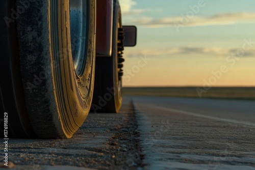 Minimalistic trucking concept with trucker and cab at sunset for transportation design photo