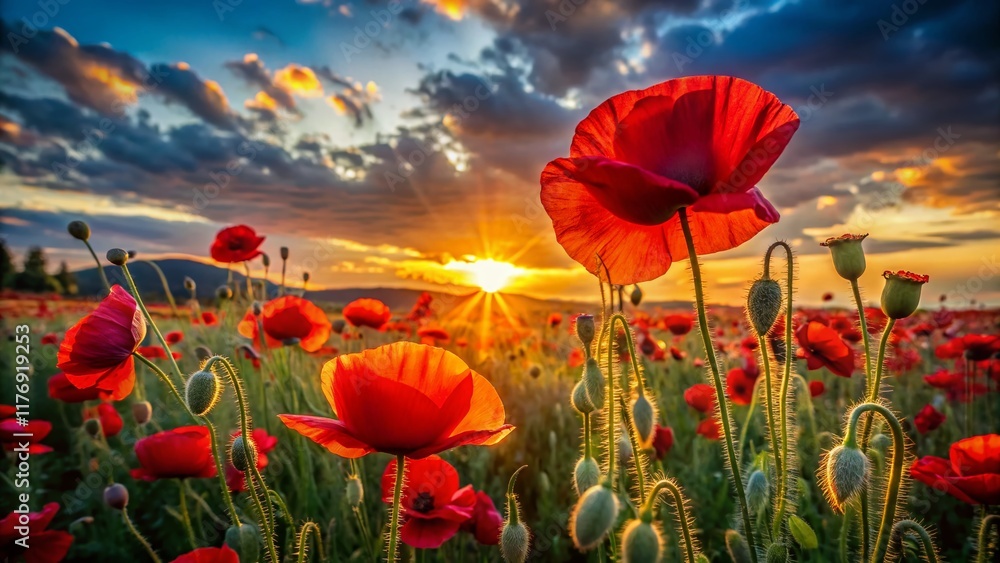 Fototapeta premium Low Light Poppy Field at Dusk, Vibrant Red Blooms, Night Photography