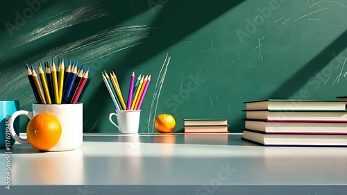 School Desk with Books, Pencils, Chalkboard, and Sunlight in a Classroom Setting

 photo