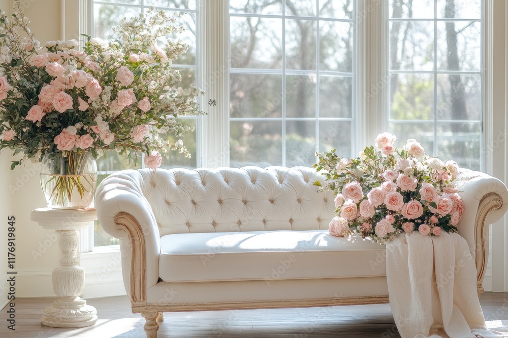 Fototapeta premium Luxurious white sofa displaying elegant pink and white roses in front of window