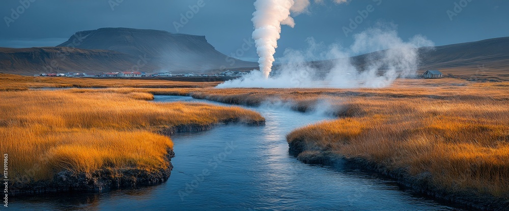 Geothermal Steam Rising from Icelandic Landscape, River and Golden Grasslands Geothermal Steam Rising from Icelandic Landscape, River and Golden Grasslands