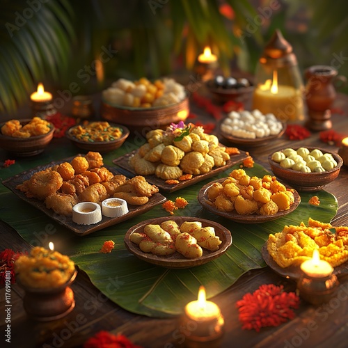 Traditional Pongal Feast on Banana Leaves: A South Indian Culinary Celebration photo