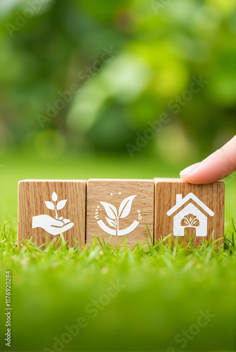 Wooden Block Icon and Hand Touching: Technology and Environment Connection