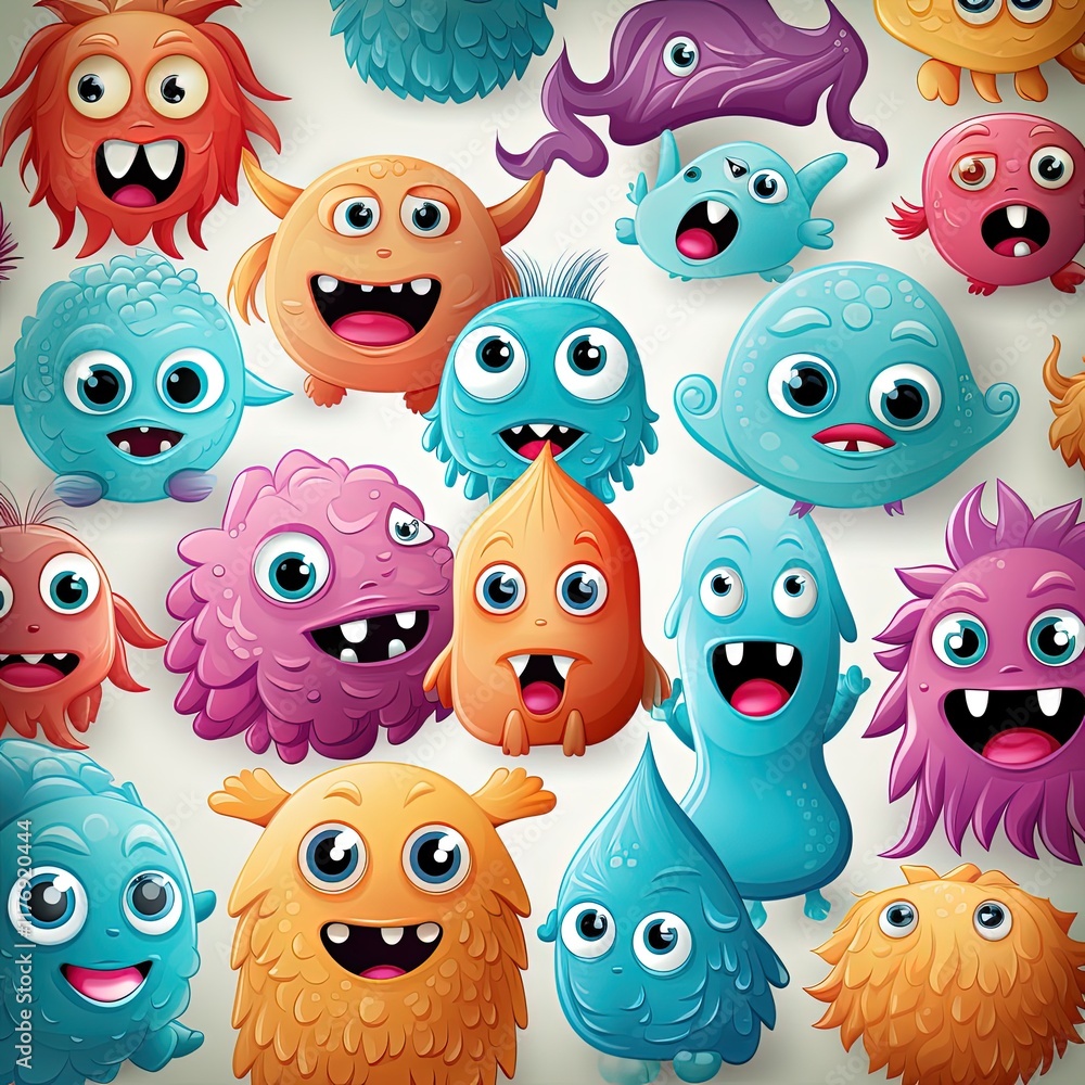 Fototapeta premium Whimsical Cartoon Monsters in a Fun and Vibrant Pattern Design