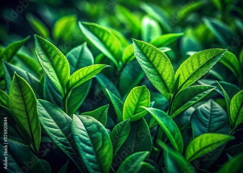 Wallpaper Mural Lush Green Tea Leaves Background - Low Light Photography Stock Photo Torontodigital.ca