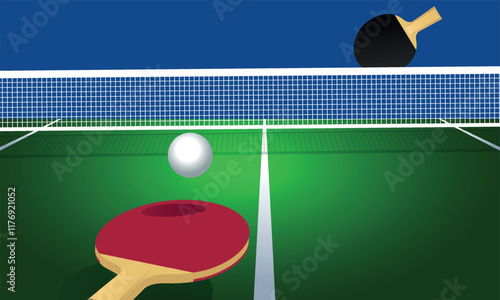 Table tennis game. Two rackets, green ping pong table and net. Vector simple illustration