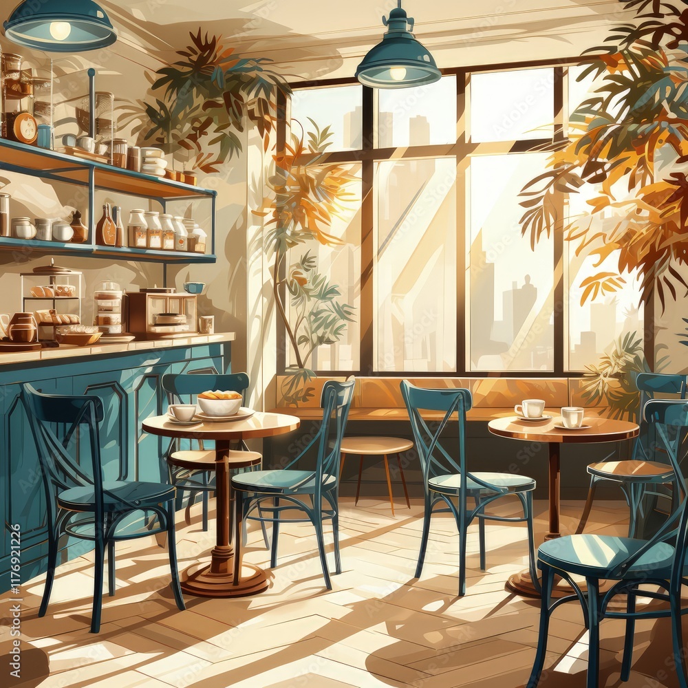 Obraz premium Minimalist Interior Design of a Cozy Coffee Shop with Wooden Furniture