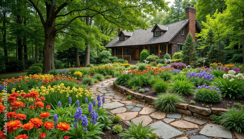 Charming Log Cabin with Vibrant Landscaped Garden and Stone Pathway Charming Log Cabin with Vibrant Landscaped Garden and Stone Pathway