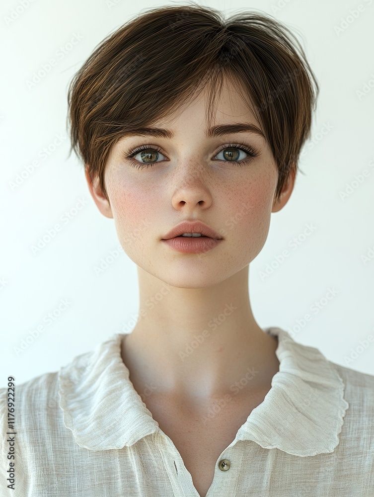 Portrait of a Woman with a Pixie Haircut and Collared Blouse, Ideal for Fashion Magazines and Websites Portrait of a Woman with a Pixie Haircut and Collared Blouse, Ideal for Fashion Magazines and Websites