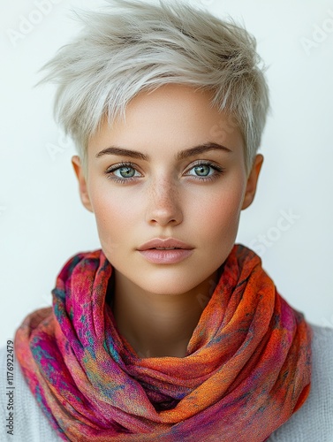 Portrait of a stylish woman with a short pixie haircut, wearing a vibrant patterned scarf. Ideal for fashion blogs, magazines, and websites