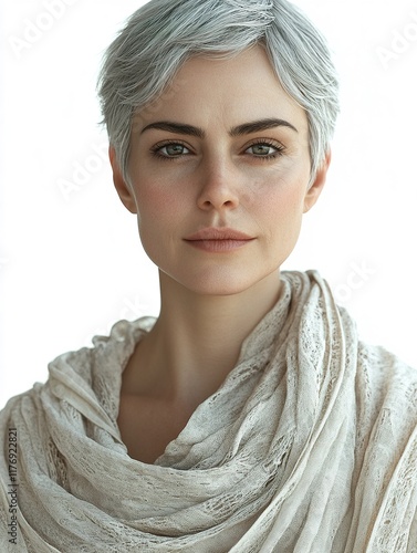 Portrait of a Woman with Short Gray Hair and Lightweight Shawl photo