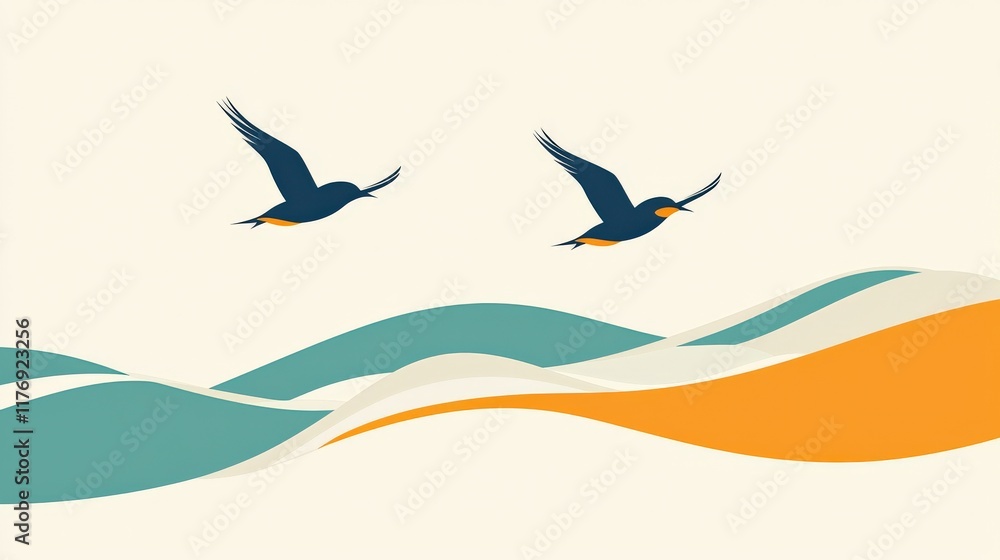 A serene illustration of two birds flying above stylized waves in calming colors, evoking a sense of peace and tranquility. A serene illustration of two birds flying above stylized waves in calming colors, evoking a sense of peace and tranquility.