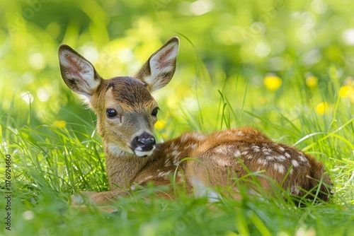 Baby roe deer (Capreolus capreolus) resting in grass on a sunny day in may. Netherlands