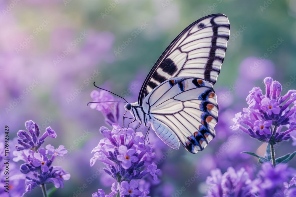 Naklejka premium Elegant Butterfly on Lavender Blossoms: A Symphony of Purple and White