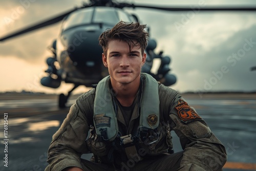 Military pilot crouching with helicopter on helipad at sunset photo