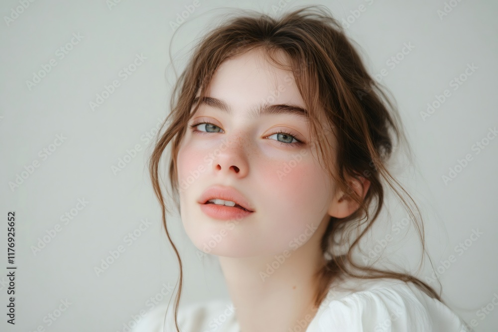 Portrait of beautiful freckled girl with natural makeup posing in studio Portrait of beautiful freckled girl with natural makeup posing in studio