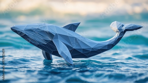 A geometric blue whale sculpture appears above water, showcasing a modern design with sharp angles and a low-poly aesthetic. photo