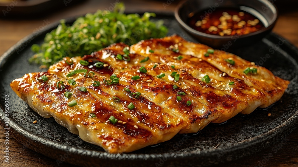 Pan-fried dumplings with dipping sauce, chives garnish, wooden table. Pan-fried dumplings with dipping sauce, chives garnish, wooden table.