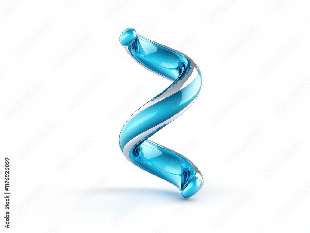 The spiral-shaped glass molecule is made in blue and silver tones on a white background. The spiral-shaped glass molecule is made in blue and silver tones on a white background.