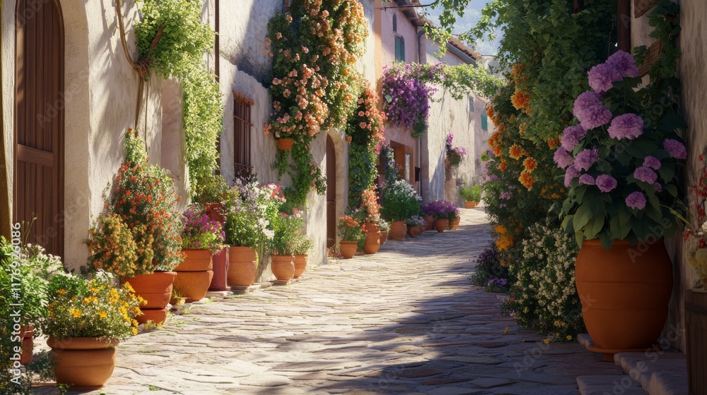 A quaint cobblestone alley is beautifully lined with colorful flower pots and lush green plants during a sunny day. The vibrant blooms add a cheerful ambiance to the serene village atmosphere A quaint cobblestone alley is beautifully lined with colorful flower pots and lush green plants during a sunny day. The vibrant blooms add a cheerful ambiance to the serene village atmosphere