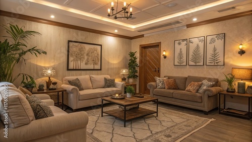 Wallpaper Mural Inviting Living Room with Comfortable Furniture and Neutral Decor. Torontodigital.ca