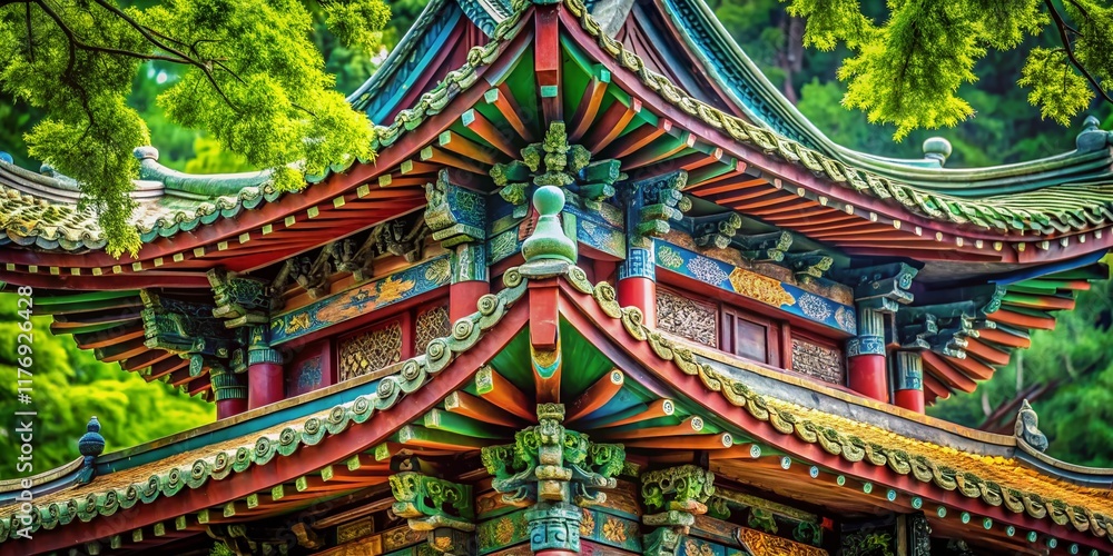 Macro Photography: Pagoda Roof Details with Lush Tree - Asian Temple Architecture Macro Photography: Pagoda Roof Details with Lush Tree - Asian Temple Architecture
