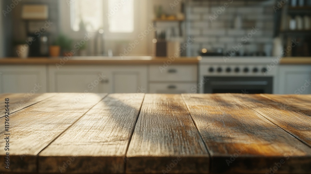 Sunlight pours into a kitchen, highlighting a rustic wooden table. The background features a clean, bright kitchen with soft shadows, perfect for culinary creativity and inspiration Sunlight pours into a kitchen, highlighting a rustic wooden table. The background features a clean, bright kitchen with soft shadows, perfect for culinary creativity and inspiration