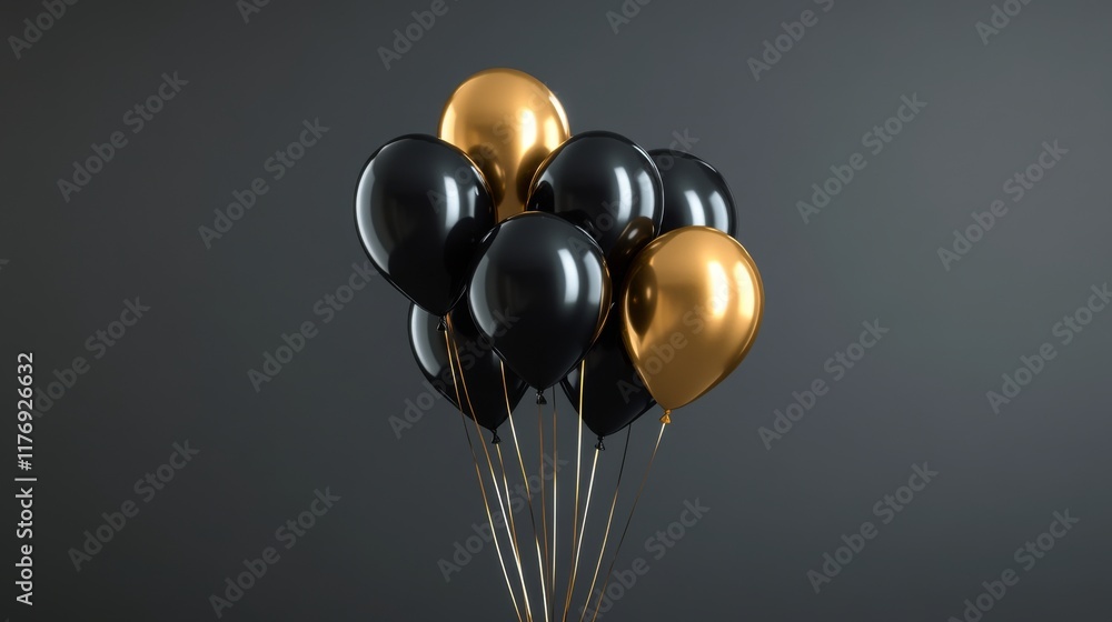 A cluster of black and gold balloons stands elegantly against a dark backdrop. The shiny balloons are tied together, perfect for a celebration or party decoration A cluster of black and gold balloons stands elegantly against a dark backdrop. The shiny balloons are tied together, perfect for a celebration or party decoration