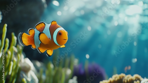 Clownfish glides through crystal clear ocean waters, surrounded by colorful coral formations. Sunlight filters through the surface, creating a serene underwater atmosphere